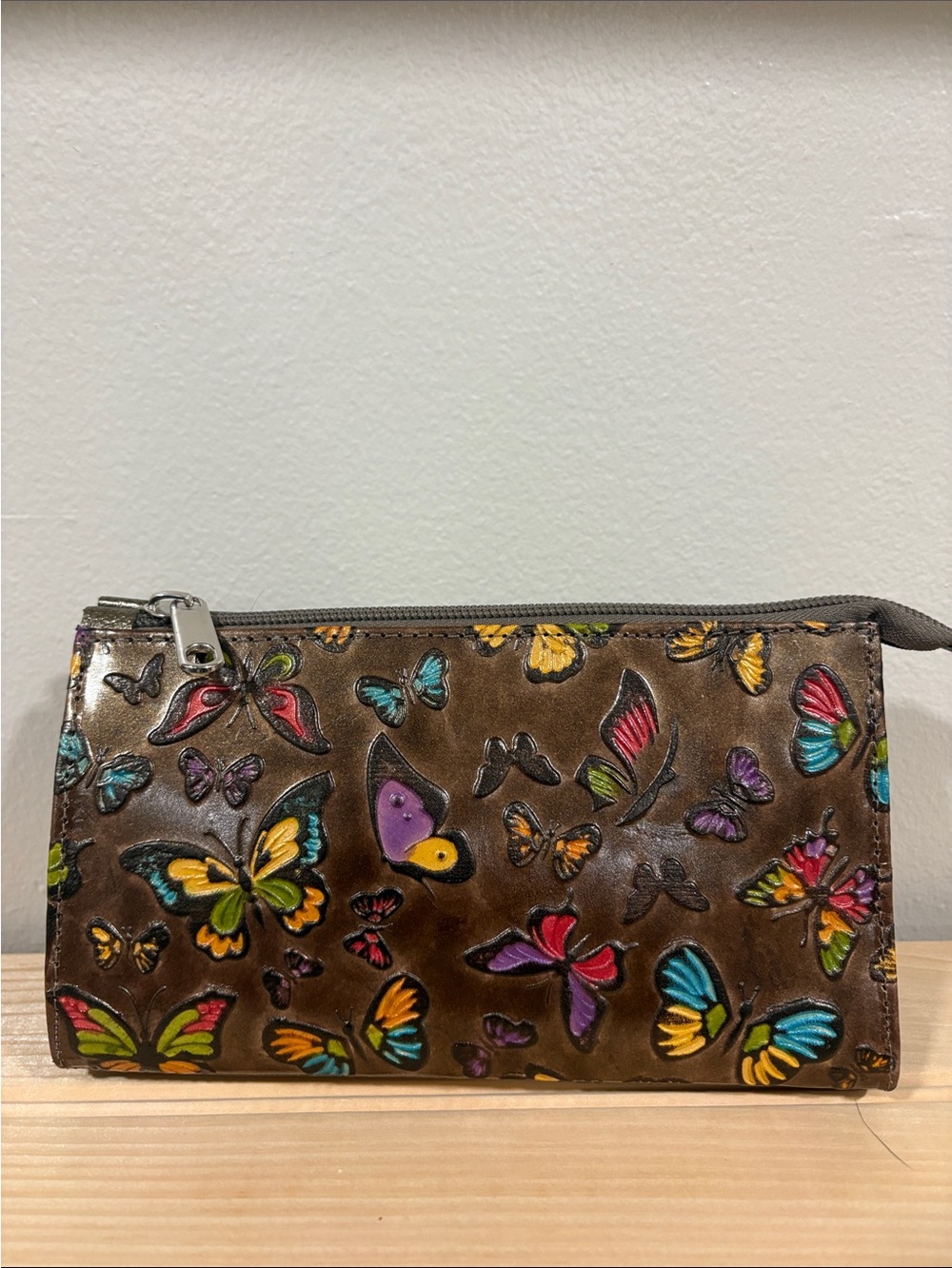 Brown Butterfly Embossed Leather Wristlet - Multicolor Accents